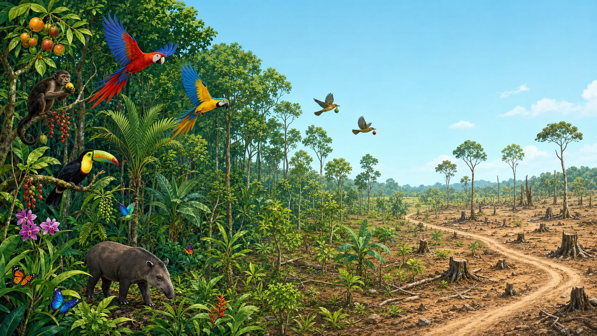 A tropical landscape shifting from intact rainforest full of macaws, a toucan, a monkey and a tapir on the left, through young regrowth, to cleared land with stumps and a dirt road on the right.
